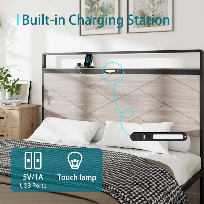 Platform Bed Frame with LED Headboard, Metal Bed with Charging Station and Under-Bed Storage