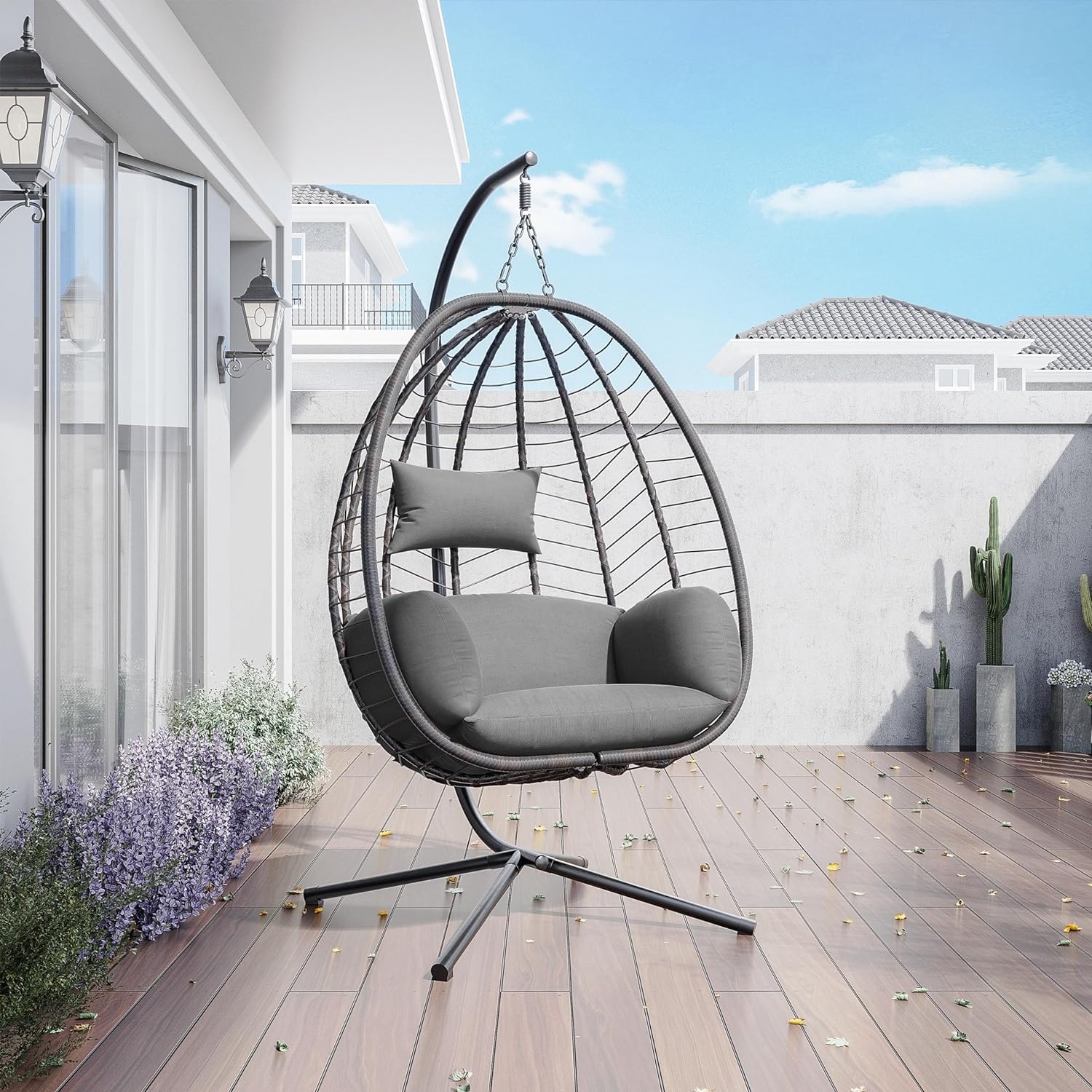Resin wicker espresso hanging egg chair with tufted khaki cushion and stand cheap