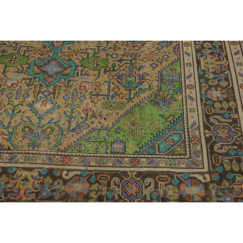 Hand Knotted Oriental 100% Wool Carpet Traditional Distressed Brown Tabriz Area Rug - 9' 5'' X 6' 4''