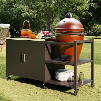 Outdoor BBQ Grill Table with Storage Cabinet, Black Steel Frame Bar Cart Kitchen Table
