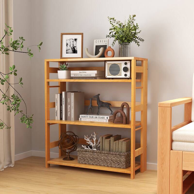 Gymax 4-Tier Bookshelf Floor Storage Shelf w/ Rubber Wood Frame