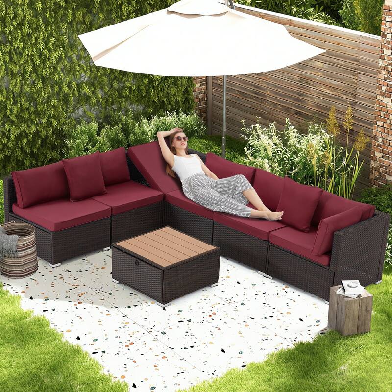 EROMMY 6/7 Piece Modular Outdoor Rattan Sofa Set, All-Weather Wicker Patio Furniture with Storage Table, Cushions & Pillows