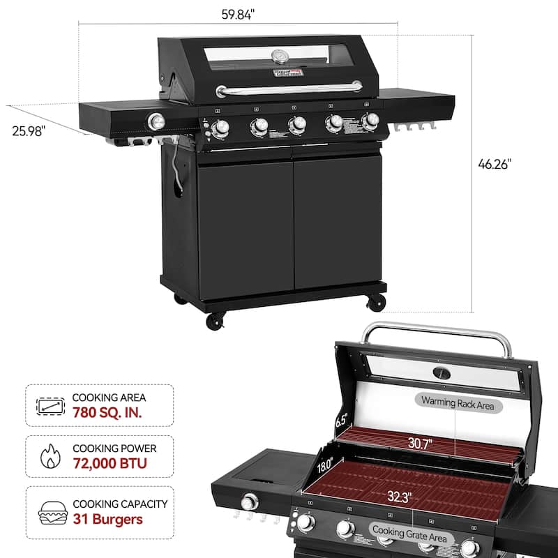 Royal Gourmet GEA5001H 5-Burner Gas Grill, With Infrared Side Burner