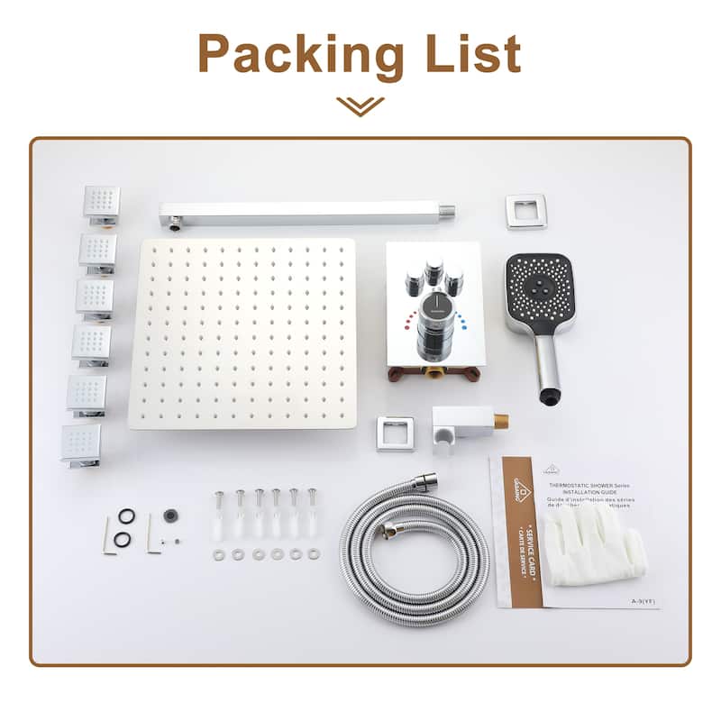 Wall Mount 12 Inch Rainfall Shower Head 3 Function Thermostatic Shower System with 6 Body Jets