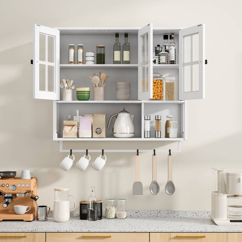 3-Door Wall Cabinet with Fluted Glass & Towel Bar, Modern Storage Solution