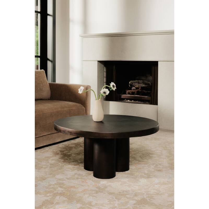NADAAL STUDIOS Renric Outdoor Coffee Table, Round Cast Aluminum with Grooved Legs, Black Finish