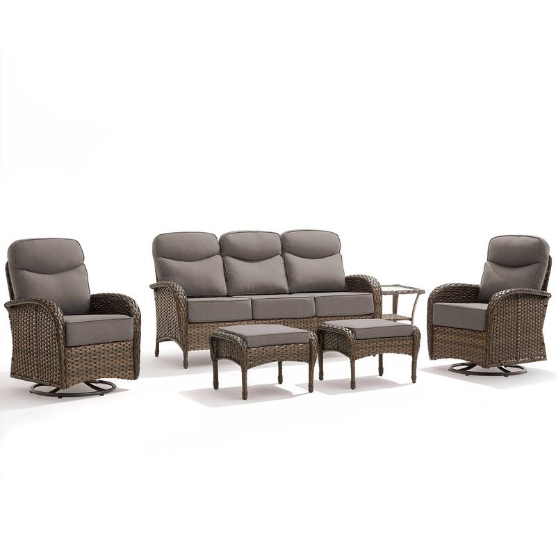 Luna 6-Piece Wicker Patio Conversation Set with Swivel Gliders and 6-Inch Thick Olefin Cushions