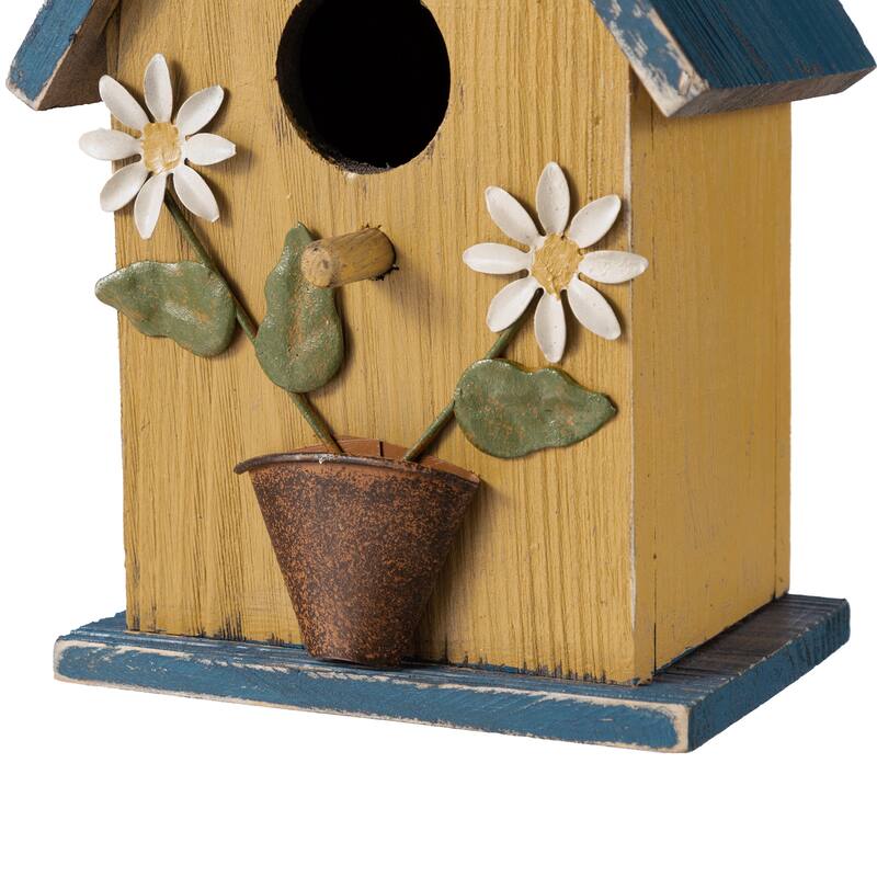Glitzhome 10"H Multicolor Cute Distressed Solid Wood Birdhouse with 3D Flowers
