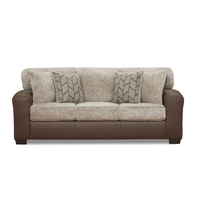Roundhill Furniture Marvella Living Room Sofa with Chocolate Faux Leather Upholstery and Curly Shearling Cushions