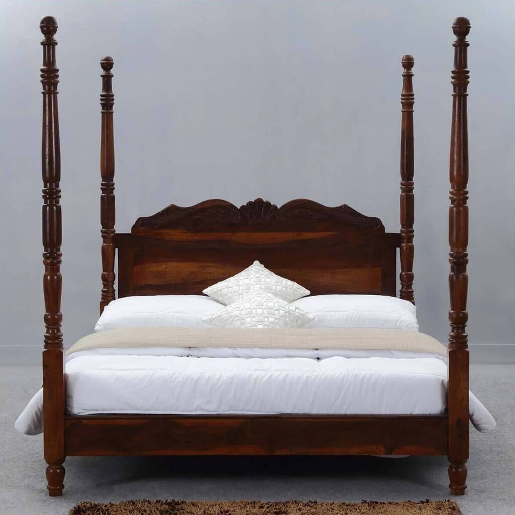 Hibashi Solid Wood Four Poster Platform Bed Frame w Headboard