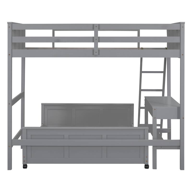 Space-Saving Twin Over Full Bunk Bed with Desk and Drawers - Solid Pine Construction, White/Grey