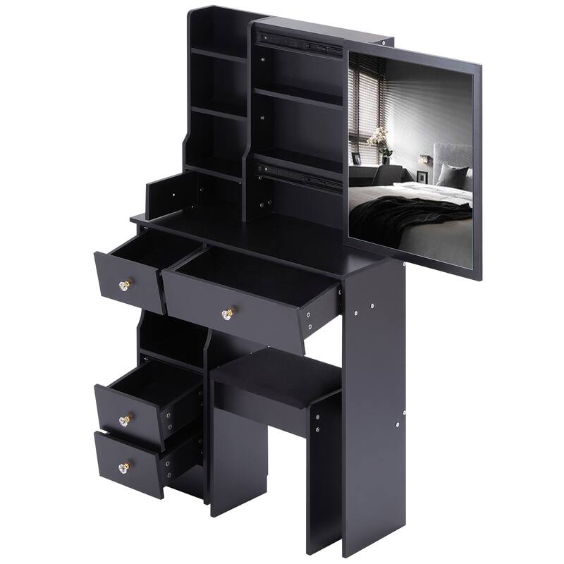 Vanity Desk with Sliding Mirror, Makeup Table with Drawer and Multi Layer Storage Rack, Vanity Set with Cushioned Stool