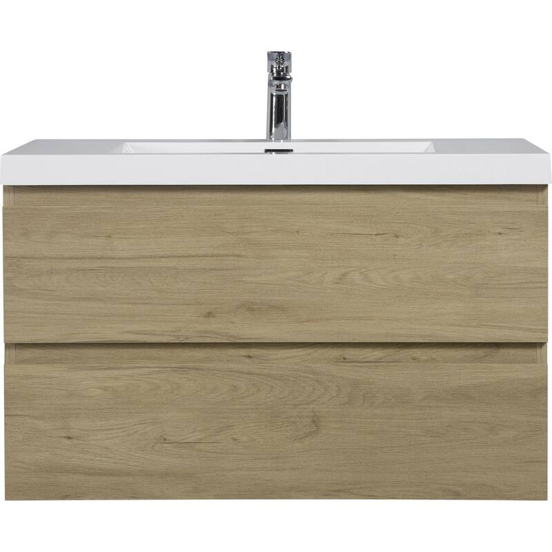 35.5-Inch Floating Bathroom Vanity with Glossy Resin Sink, Ash Grey Color, Wall-Mounted Design, 2 Drawers