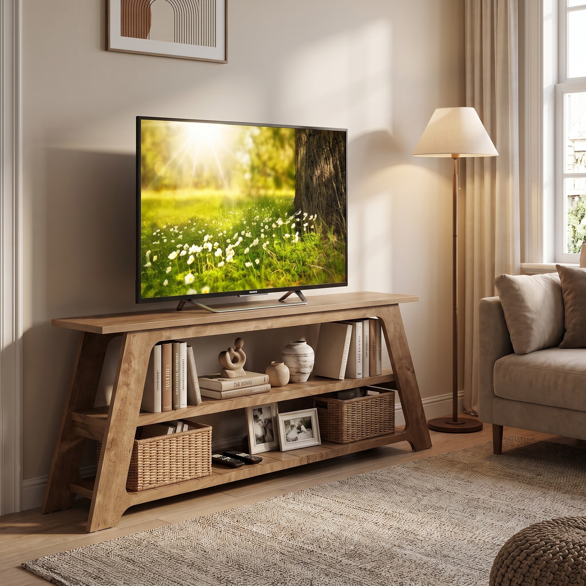 63 Inch Wooden TV Stand for 55–75 Inch TVs,Farmhouse 3-Tier Open Storage Media TV Console Entertainment Center for Living Room