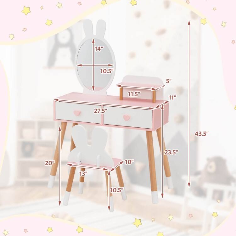 2 in 1 Wooden Princess Kids Vanity Set with Mirror-White - N/A