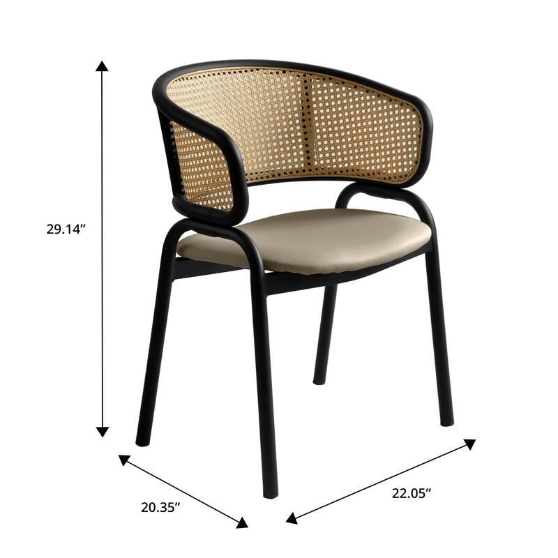 LeisureMod Set of 2 Modern Leather Dining Chair with Wicker Back & Black Steel Frame - Accent Side Armchair for Home Furniture