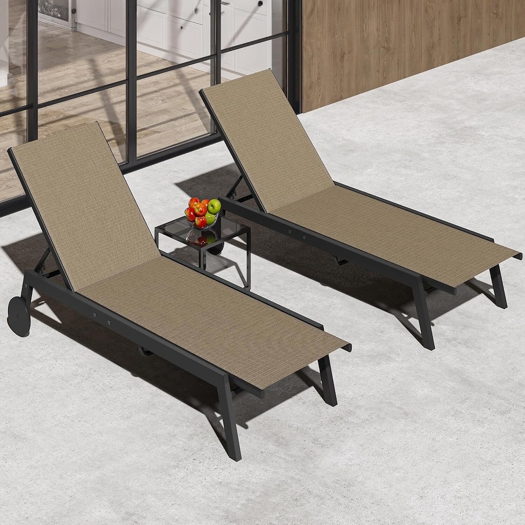 2 Patio Outdoor Textile Chaise Lounge Chairs with Side Table for Yard, Beach, Lawn, Porch, Garden
