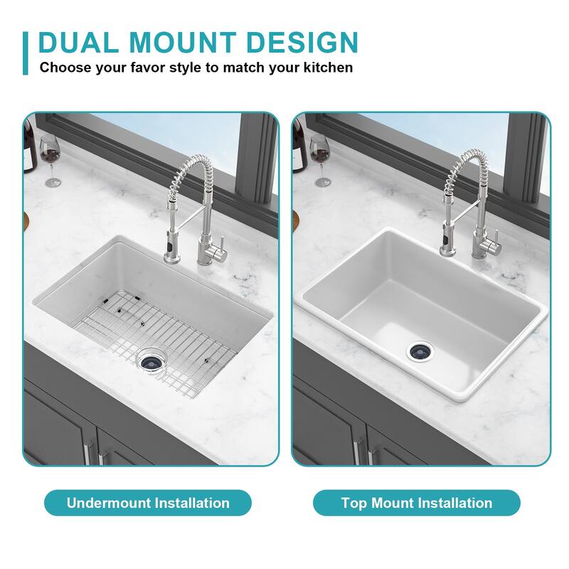 Undermount Single Bowl Fireclay Kitchen Sink - Dual Mount White Porcelain Fireclay Rectangular Deep Single Bowl Sink