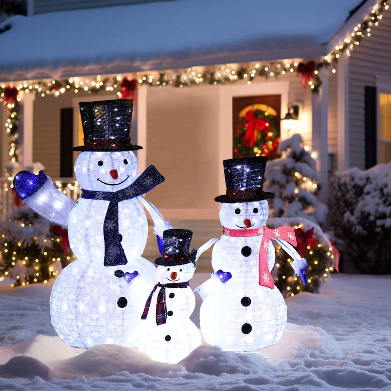 Set of 3 Snowman Family Lighted LED Winter Holiday Yard Decoration - White
