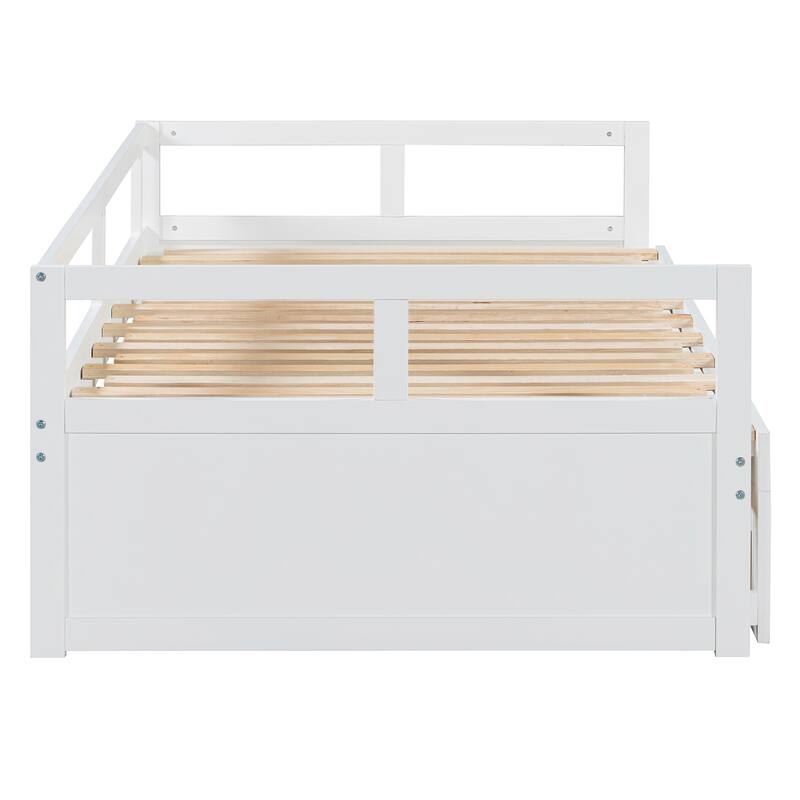 Pine Wood Daybed with Pull-Out Trundle and Two Storage Drawers, Twin to King