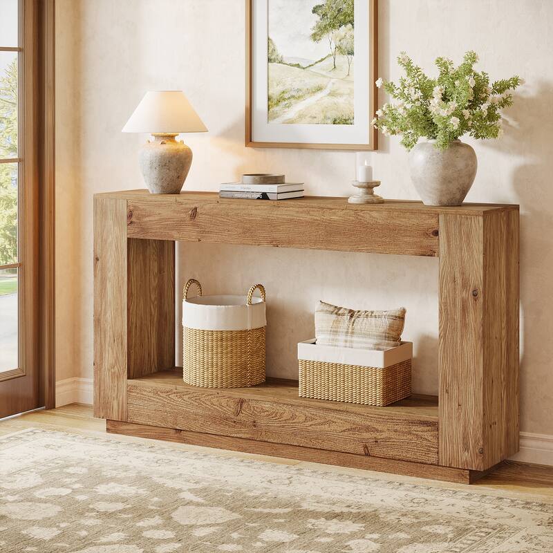 59" Solid Wood Entryway Table, 2-Tier Console Table with Open Storage