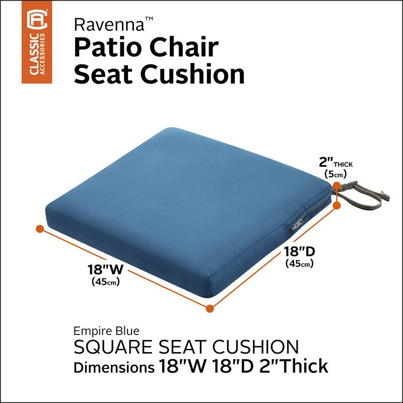 Classic Accessories Ravenna Water-Resistant Patio Chair Seat Cushion, 18 x 18 x 2 Inch - Empire Blue