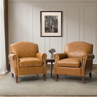 Giampiero Leather Armchair with Nailhead Trim and Rolled Arms for Living Room, Bedroom, Study, or Office, Set of 2