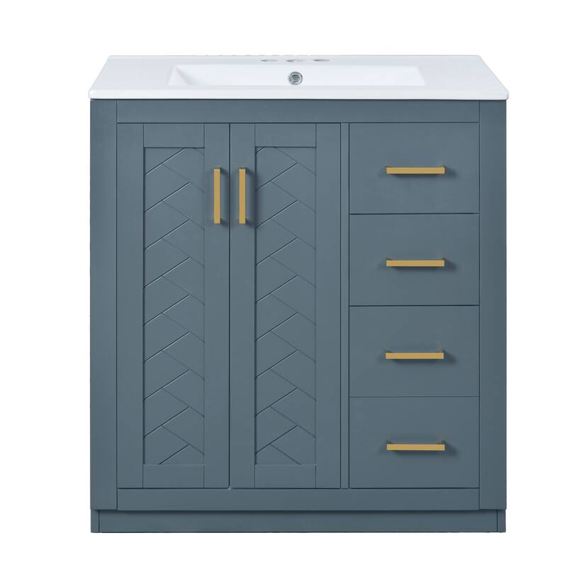 Roomfitters 30" Vanity with Ceramic Sink, Solid Wood Freestanding Cabinet with 3 Drawers and Soft Closing Doors
