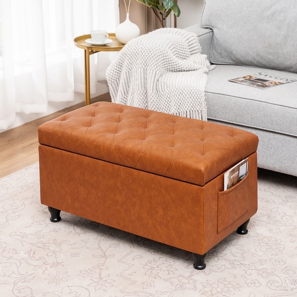 slide 2 of 13, Adeco Tufted Storage Ottoman Bench for Living Room Bedroom Orange-Brown-Faux-Leather