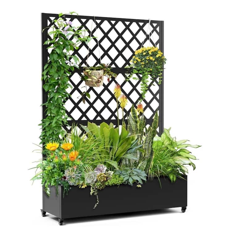 70x35x15Inch Large Elevated Galvanized Steel Garden Bed with Trellis and Privacy Screen Outdoor Planter Box on Locking Wheels