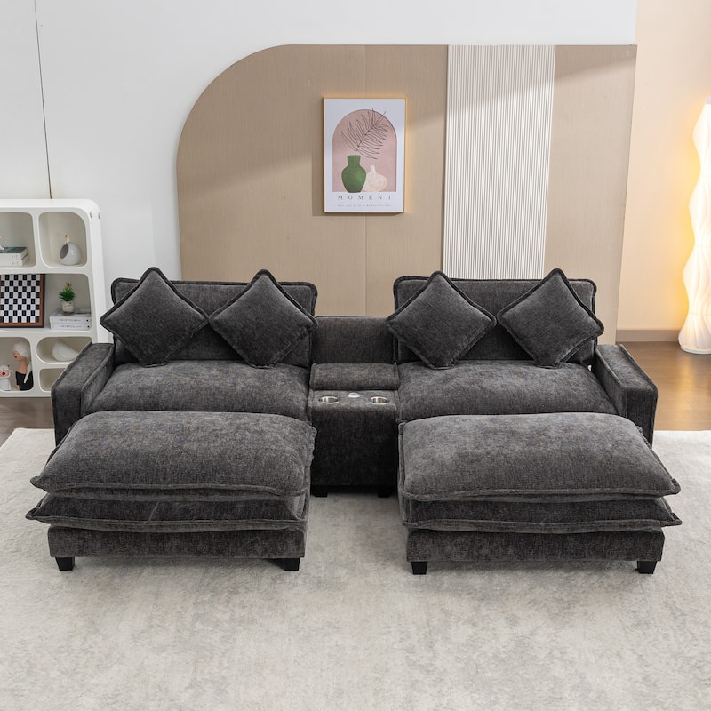 Roomfitters Chenille Sectional Sofa with 2 Ottomans, USB Ports, Cup Holders and Storage Box for Living Room