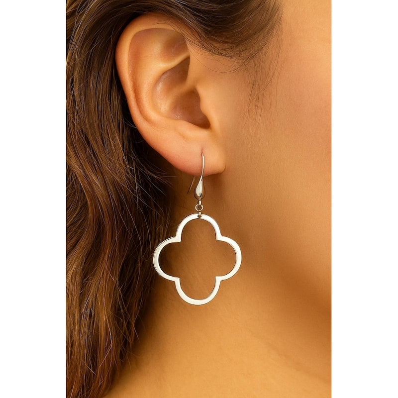 Rhodium Polished Clover Dangle Earrings - 1 1/4" Long