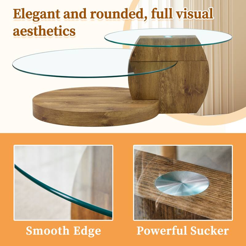 Modern Round Glass Coffee Table w/ Wood Base, 3 Tier Round Coffee Table, Clear Cocktail Table w/ Storage for Home Office