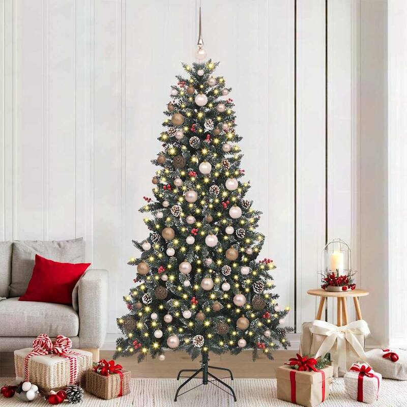 vidaXL Artificial Christmas Tree Green PVC - Green with LEDs and rose gold balls - 7 Foot