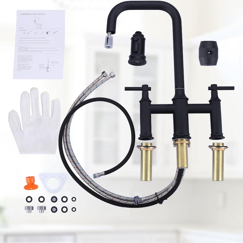 WOWOW Double Handle Bridge Kitchen Faucet with Advanced Spray