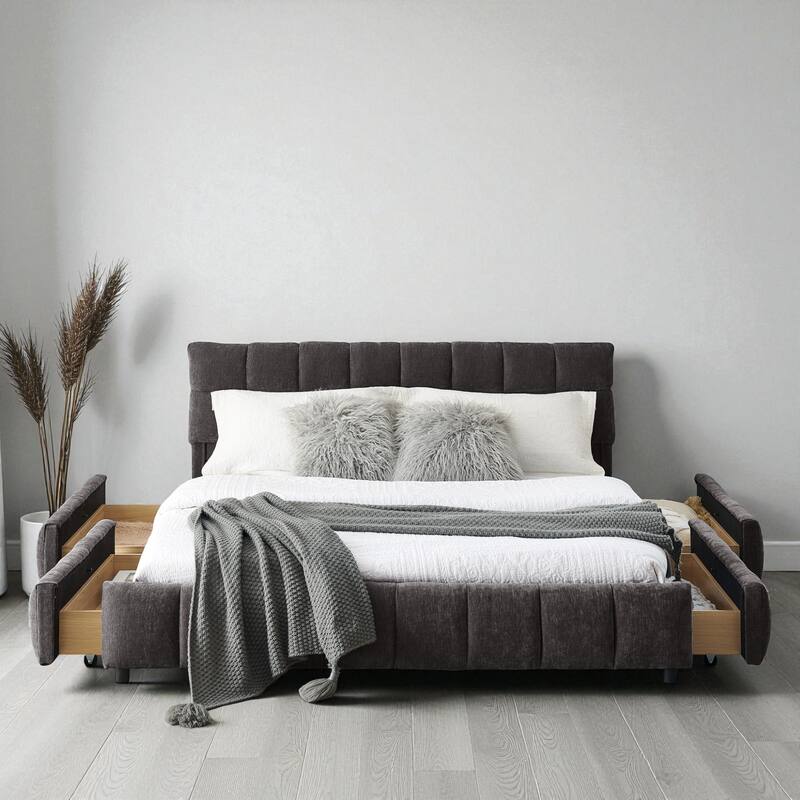 Queen Upholstered Platform Bed with Chenille Fabric, Soft Headboard & Underbed Storage Drawer, Solid Bed Frame