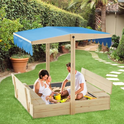 EROMMY Children's Wooden Sandbox with Two Folding Bench Seats and Adjustable Canopy Roof，blue