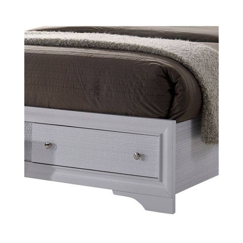 Eastern King Bed with Drawers - White Panel Bed Frame, Silver Accents, Wooden Construction
