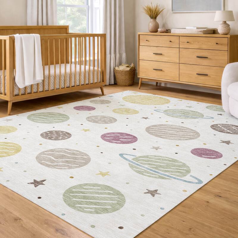 Machine Washable Indoor/ Outdoor Modern Planets Chantille Rug