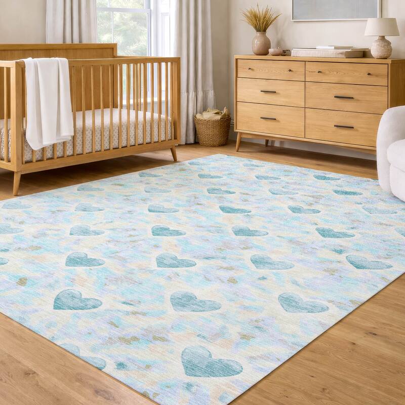 Machine Washable Indoor/ Outdoor Modern Hearts Chantille Rug