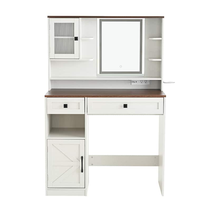 Rustic Makeup Vanity Desk with 3 Color Adjustable Touch Control Mirror, Built-in Power Outlets Dressing Table Set with Stool