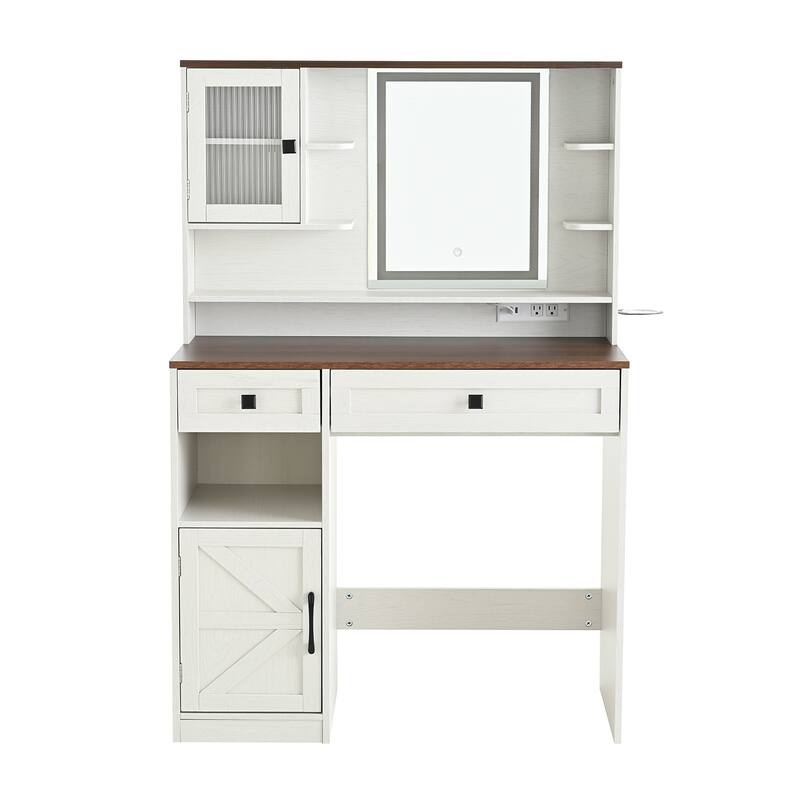 Vanity Desk with Touch Control Light Mirror, Dressing Table Set with Charging Station & Stool, Large Makeup Vanity Table