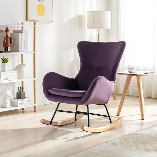 Modern Teddy Fabric Padded Seat Rocking Chair Metal Frame Lounge Chairs Arm Chairs with Ergonomic High Backrest and Wood Leg Bed Bath Beyond