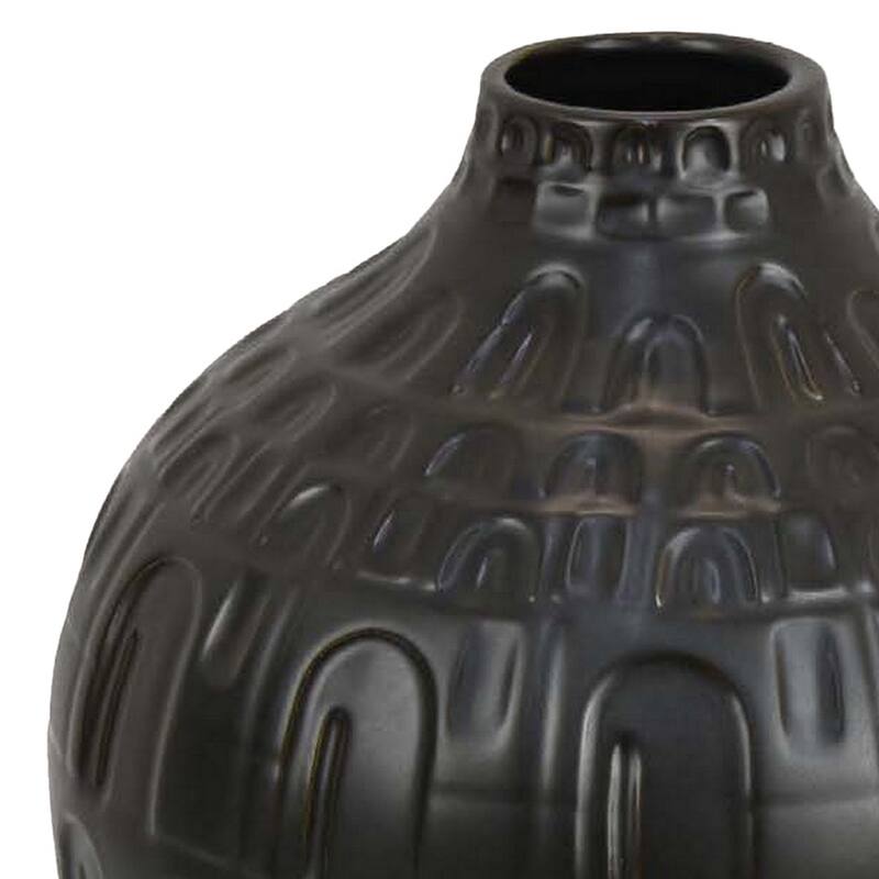 Sheena Vase, Black Ceramic, Narrow Mouth and Embossed Pattern, 10 Inch