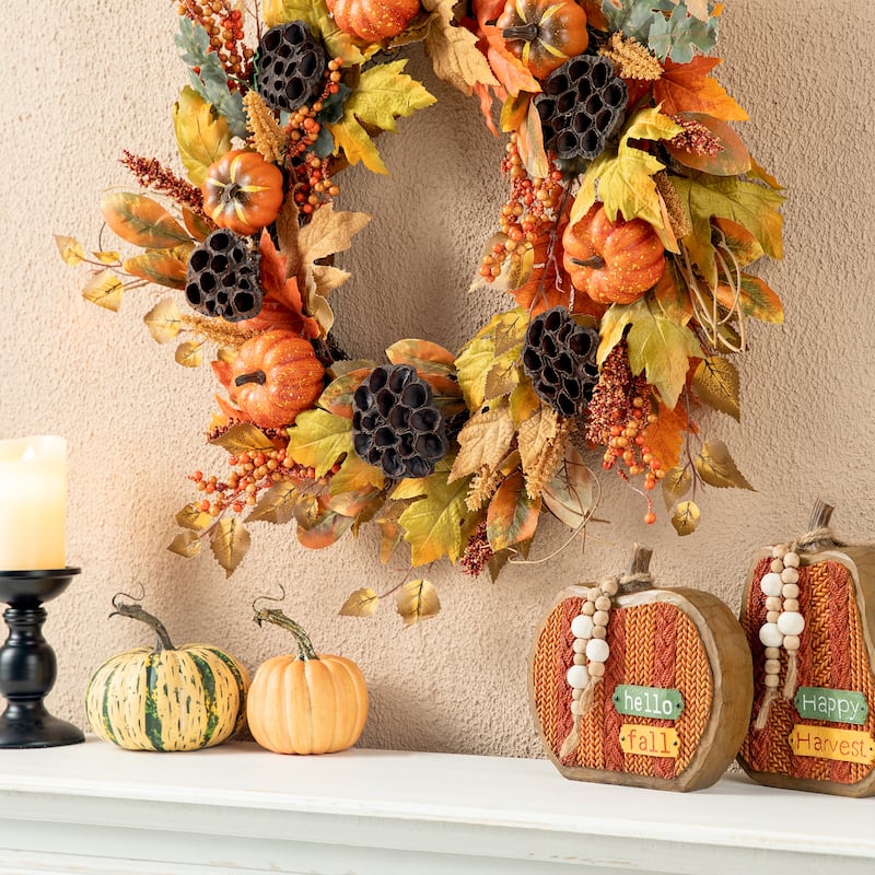 Glitzhome 24"D Fall Pumpkin Sunflower Lotus Floral & Wreath for Thanksgiving