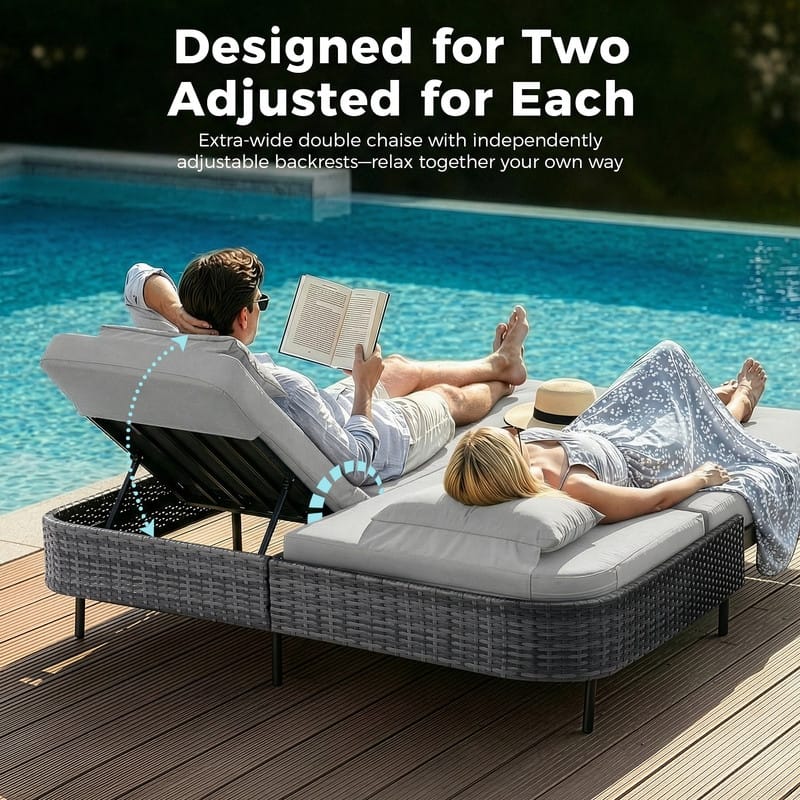 Outdoor Sectional Conversation Set PE Wicker with Double Chaise Lounge, 60,000 BTU Fire Pit Table