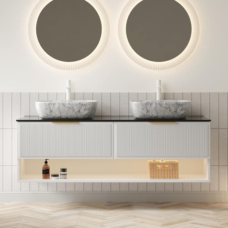 GDFStudio - Malone Modern Floating Bathroom Vanity with Pinstripe Drawers, Open Shelf & Marble Ceramic Basin, WITHOUT Faucet