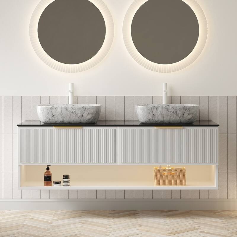 GDFStudio - Malone Floating Bathroom Vanity with Pinstripe Drawers, Open Shelf & Marble Look Ceramic Basin, WITHOUT Faucet - 60"+double sink - Stone Grey
