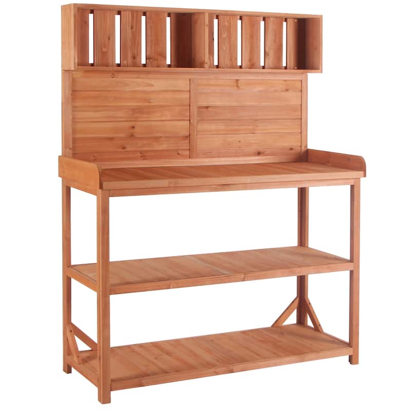 65" Large Wooden Rustic Outdoor Potting Bench Table, Patio Workstation,Garden Potting Bench with 4 Storage Shelves，Side Hook
