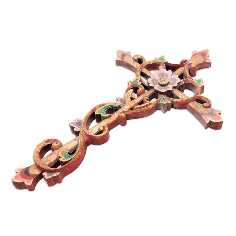Novica Handmade Floral Faith Wood Relief Panel
